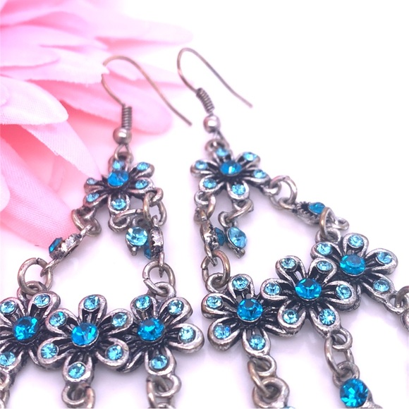 Blue Rhinestones Floral Dangle Earrings 3.5” - Picture 3 of 7